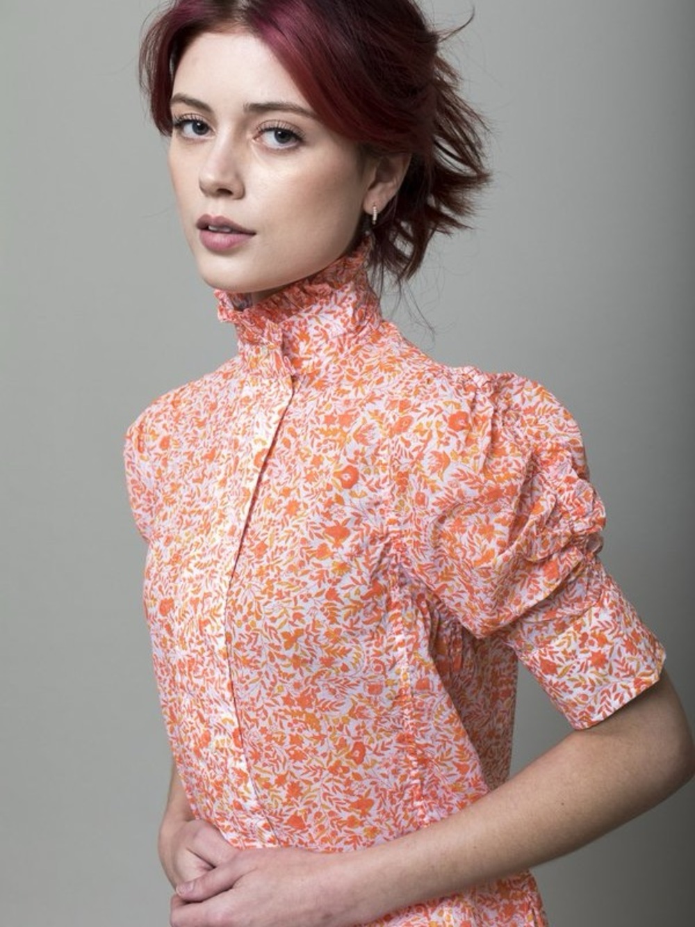 EUC THIERRY COLSON Vita print Multicolor Orange Blouse Size XS